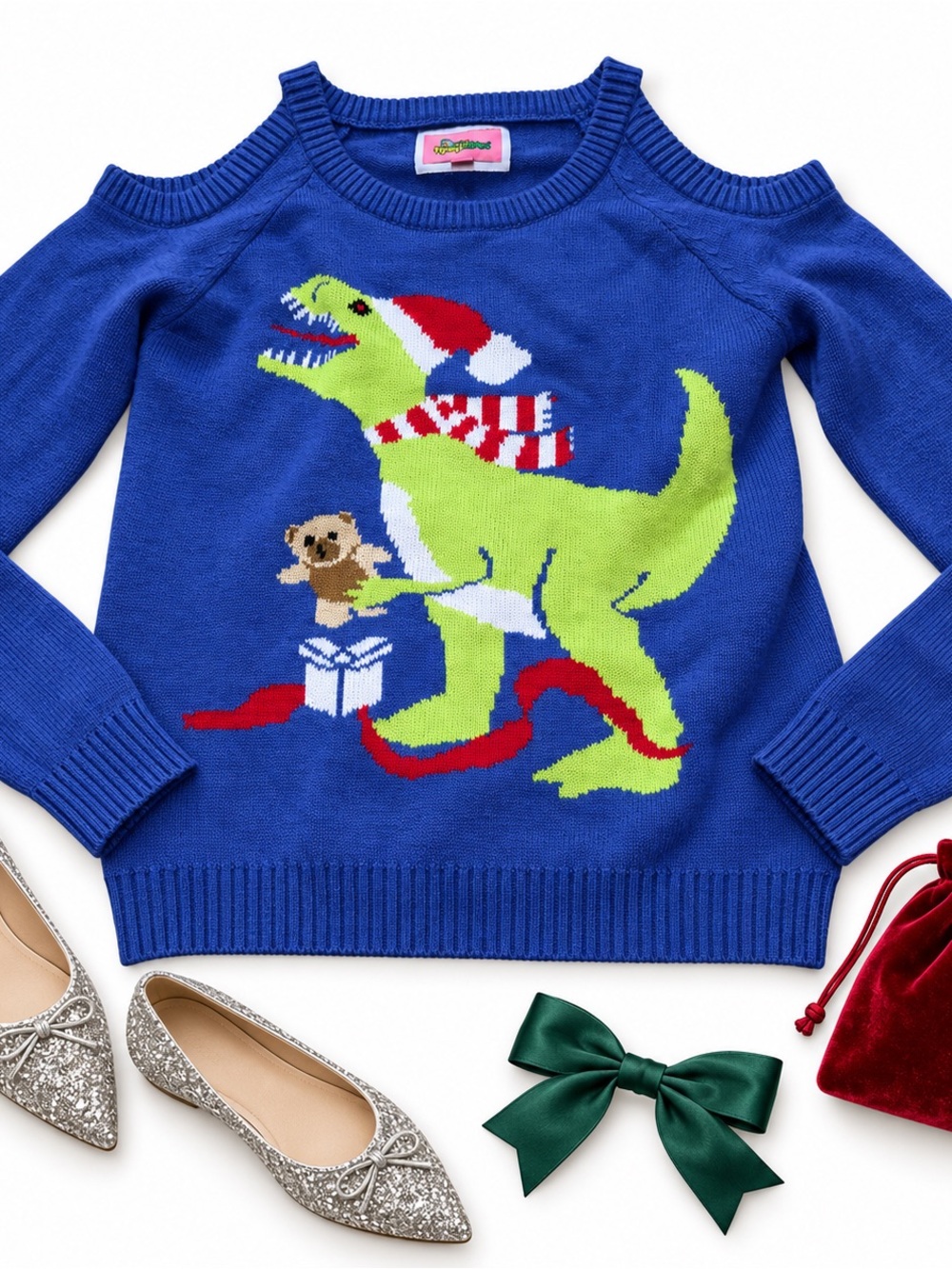 Tipsy Elves Women’s XS Blue T-Rex Dinosaur Cold Shoulder Ugly Christmas in EUC